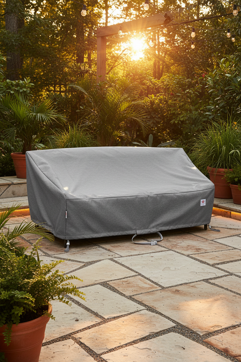 Circular patio sofa cover on a stylish outdoor patio at golden hour